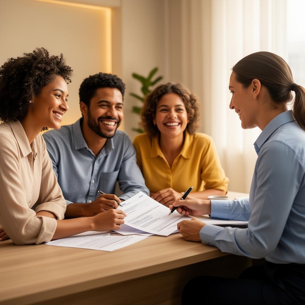 Família brasileira feliz fechando um seguro com uma corretora