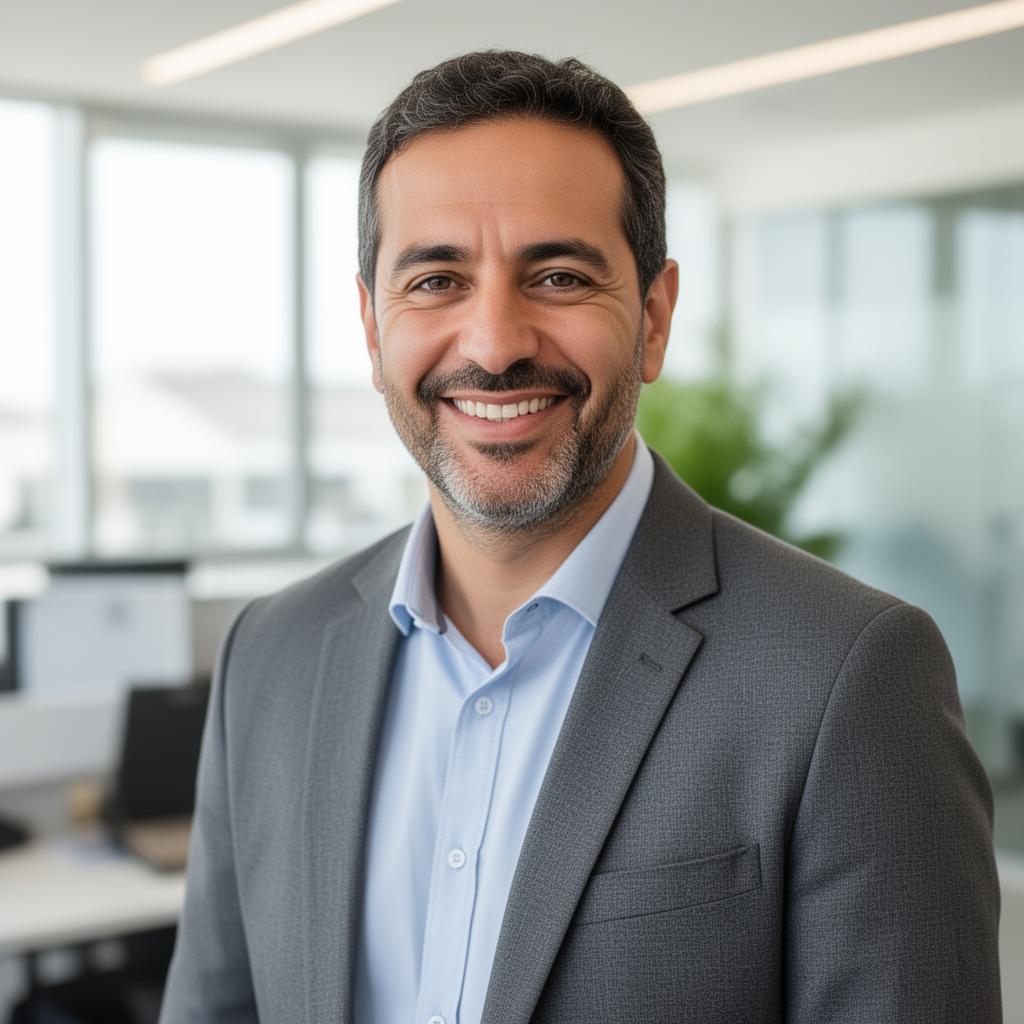 Corretor de seguros brasileiro sorrindo no escritório, satisfeito com a plataforma DigiScore