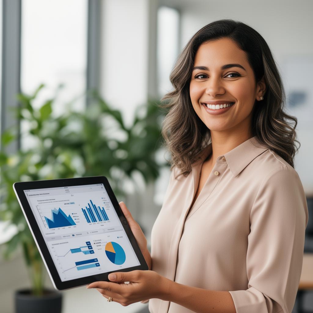Corretora de seguros brasileira mostrando resultados de marketing no tablet